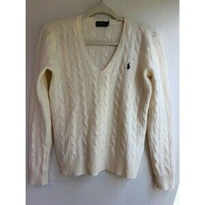 Polo Ralph Lauren Ivory Cable Knit V-Neck Merino Wool Cashmere Sweater S